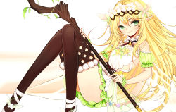 Rule 34 | 1girl, brown thighhighs, caing zhihuang, detached sleeves, elf, fairy wings, flat chest, flower, green eyes, green skirt, hair flower, hair ornament, head wreath, highres, knees up, legs, long hair, long legs, neck bell, pointy ears, puffy short sleeves, puffy sleeves, short sleeves, sitting, skirt, smile, solo, staff, thighhighs, transparent wings, very long hair, white background, wings