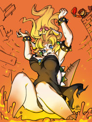 Rule 34 | 1girl, anklet, armlet, arms up, ass, bare shoulders, black dress, black panties, blonde hair, blue eyes, bouncing breasts, bowsette, bracelet, breasts, collar, crown, dated, dress, earrings, facial hair, falling, gem, highres, horns, jewelry, large breasts, long hair, mario, mario (series), lava, mustache, new super mario bros. u deluxe, nintendo, noto tsugumi, overalls, panties, pointy ears, ponytail, red shirt, sharp teeth, shirt, spiked bracelet, spiked collar, spikes, strapless, strapless dress, super crown, tail, teeth, turtle shell, underwear, waving