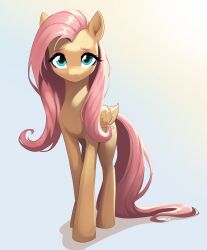 Rule 34 | 1girl, absurdres, fluttershy, full body, gradient background, green eyes, highres, long hair, looking at viewer, my little pony, my little pony: friendship is magic, no humans, pegasus, pink hair, sierraex2, solo, yellow fur, zolo