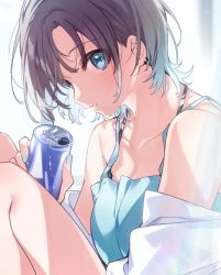 Rule 34 | 1girl, asakura toru, bare shoulders, blue camisole, blush, breasts, camisole, can, cleavage, collarbone, earrings, highres, holding, holding can, idolmaster, idolmaster shiny colors, indoors, jewelry, knees up, light purple hair, looking at viewer, medium breasts, nail polish, profile, shirt, short hair, solo, u35, water drop, white shirt