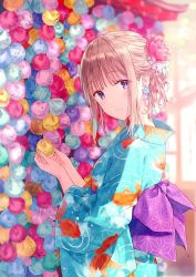 Rule 34 | 1girl, animal print, blue kimono, blurry, blurry background, blush, depth of field, earrings, fish print, flower, flower earrings, food, hair flower, hair ornament, hair up, hiten (hitenkei), holding, japanese clothes, jewelry, kimono, looking at viewer, obi, original, parted lips, pink flower, pink rose, purple eyes, purple sash, rose, sash, smile, solo, upper body, white flower