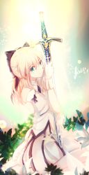 Rule 34 | 1girl, ahoge, artoria pendragon (fate), black ribbon, blonde hair, blush, bow, caliburn (fate), dress, fate/unlimited codes, fate (series), gloves, green eyes, hair between eyes, hair ribbon, highres, holding, holding weapon, leaf, looking at viewer, ribbon, saber lily, seiza, sitting, solo, sword, t.s, weapon, white gloves