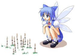 Rule 34 | 1girl, blue dress, blue eyes, blue hair, cirno, dress, fairy, female focus, lowres, matching hair/eyes, mushroom, nature, plant, ribbon, sitting, solo, touhou, white background, wings