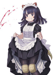 Rule 34 | 1girl, apron, armadillo ears, armadillo tail, bare arms, black dress, black hair, black pantyhose, blood, blunt bangs, clothes lift, dress, dress lift, furrowed brow, giant armadillo (kemono friends), hands up, highres, kemono friends, knee pads, kosai takayuki, lifting own clothes, light blush, maid, maid apron, maid headdress, medium hair, official alternate costume, pale skin, pantyhose, puffy short sleeves, puffy sleeves, purple eyes, short sleeves, simple background, smile, solo, standing, tail, white apron, white background