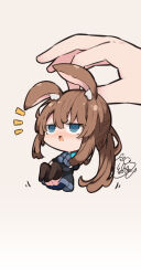 Rule 34 | 1girl, 1other, @ @, amiya (arknights), animal ear fluff, animal ears, arknights, beni shake, black jacket, blue eyes, blue skirt, blush, brown background, brown hair, brown thighhighs, chibi, commentary request, hair between eyes, highres, jacket, long hair, long sleeves, mini person, minigirl, no shoes, nose blush, notice lines, ponytail, puffy long sleeves, puffy sleeves, rabbit ears, signature, simple background, skirt, thighhighs, very long hair