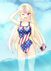 Rule 34 | 1girl, american flag, american flag print, american flag swimsuit, artist request, ashley taylor, bare shoulders, blonde hair, breasts, cellphone, cleavage, collarbone, competition swimsuit, female focus, flag print, highres, long hair, magia record: mahou shoujo madoka magica gaiden, mahou shoujo madoka magica, medium breasts, multicolored hair, nail polish, one-piece swimsuit, one eye closed, open mouth, phone, pink eyes, pink nails, solo, swimsuit, tongue, water, watermark, web address