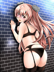 Rule 34 | 1girl, against wall, akichin (atelier baguri), ass, black bra, black panties, black thighhighs, bra, breast press, breasts, brick wall, brown eyes, commentary request, cowboy shot, garter belt, garter straps, johnston (kancolle), kantai collection, light brown hair, long hair, looking at viewer, medium breasts, panties, solo, standing, thighhighs, tongue, tongue out, two side up, underwear, underwear only