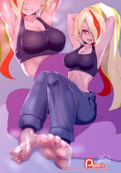 Rule 34 | 1girl, :d, armpits, arms behind head, bad id, bad pixiv id, barefoot, blonde hair, breasts, cavalry (maslow), cleavage, dated, covered erect nipples, green hair, hair over one eye, high ponytail, large breasts, lips, long hair, midriff, multicolored hair, nikaidou saki, open mouth, orange eyes, orange hair, pants, patreon, sitting, smile, soles, solo, sports bra, steam, streaked hair, toned, very long hair, watermark, web address, zombie land saga