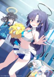 absurdres animal_ears blue_archive blue_buruma buruma cheerleader crop_top dog_ears dog_girl gym_uniform halo hibiki_(blue_archive) highres mechanical_halo millennium_cheerleader_outfit_(blue_archive) miniskirt navel noa_(blue_archive) purple_hair sakuma_shiki skirt star_sticker sticker_on_face white_skirt yellow_halo yuuka_(blue_archive)