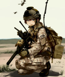 Rule 34 | 1girl, aircraft, american flag, backpack, bad id, bad pixiv id, bag, boots, brown hair, camouflage, desert camouflage, eotech, gloves, green eyes, gun, h&amp;k mp7, heckler &amp; koch, helicopter, helmet, insignia, laser sight, load bearing vest, machine pistol, military, military operator, open mouth, original, personal defense weapon, pouch, radio, radio antenna, shibafu (glock23), short hair, solo, submachine gun, suppressor, weapon