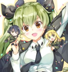 Rule 34 | &gt;:d, &gt; o, 10s, 3girls, :d, :q, anchovy (girls und panzer), arm up, black hair, black jacket, black necktie, black ribbon, black socks, blonde hair, blush, brown eyes, carpaccio (girls und panzer), clenched hands, collared shirt, confetti, eyebrows, frying pan, girls und panzer, green eyes, green hair, hair between eyes, hair ribbon, head tilt, holding, jacket, jacket on shoulders, kneehighs, long hair, long sleeves, mini person, minigirl, multiple girls, necktie, one eye closed, open mouth, pepperoni (girls und panzer), rei (rei&#039;s room), ribbon, school uniform, shirt, sitting, smile, socks, tongue, tongue out, twintails, upper body, v-shaped eyebrows, white shirt, wing collar