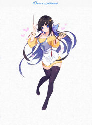 Rule 34 | :&gt;, artist name, black hair, black thighhighs, blue eyes, blunt bangs, bracelet, breasts, bug, butterfly, butterfly hair ornament, chopsticks, cleavage, closed mouth, food, full body, hair ornament, hairclip, hands up, highres, holding, holding food, insect, jewelry, long hair, looking at viewer, medium breasts, mkiiiiii, nie xiaoqian, off shoulder, official art, sangai senki, sidelocks, smile, solo, standing, thighhighs, thighs