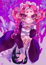 Rule 34 | 1girl, absurdres, apron, black footwear, closed mouth, commentary, dot mouth, dot nose, drill hair, eyelashes, full body, halloween costume, head rest, highres, long hair, low-tied long hair, maid apron, maid headdress, nintendo, octoling, octoling girl, octoling player character, payayo884, pink eyes, pink hair, purple background, purple nails, solo, splatoon (series), squatting, stitches, symbol-only commentary, tentacle hair, thick eyebrows, twin drills, twintails