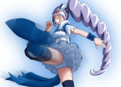 Rule 34 | 00s, 1girl, angry, aono miki, black thighhighs, blue background, blue eyes, blue footwear, blue shirt, blue skirt, blue thighhighs, boots, choker, clenched teeth, cure berry, drill hair, earrings, eyelashes, fighting, fresh precure!, frilled skirt, frills, gradient background, grinding, grinding teeth, hair ornament, hairband, heart, heart hair ornament, high heels, highres, jewelry, kicking, kijinaka mahiro, knee boots, long hair, looking afar, magical girl, midriff, ponytail, precure, purple hair, ribbon, serious, shirt, side ponytail, skirt, solo, teeth, thighhighs, thighs, white background, wrist cuffs, zettai ryouiki