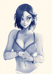 Rule 34 | 1girl, absurdres, body freckles, bra, bracelet, breasts, cleavage, commentary, english commentary, freckles, highres, jewelry, looking to the side, medium breasts, midriff, monochrome, navel, original, own hands together, parted lips, raichiyo33, short hair, solo, underwear, upper body, watch, wristwatch