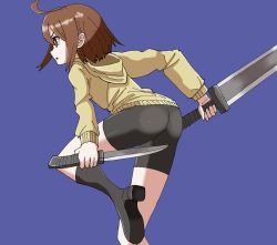 Rule 34 | 1girl, ahoge, artist request, ass, bike shorts, boots, brown eyes, brown hair, dagger, dual wielding, from behind, holding, hood, hoodie, huge weapon, knife, linne, open mouth, reverse grip, shiny clothes, short hair, solo, sword, under night in-birth, weapon