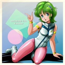 Rule 34 | 1980s (style), 1girl, arm support, arm up, armlet, armpits, blue eyes, boots, bracelet, breasts, commentary request, copyright name, green hair, hair ornament, highres, index finger raised, jewelry, leotard, muteki shoujo rummy, oldschool, open mouth, pantyhose, partial commentary, pink pantyhose, retro artstyle, rummy (muteki shoujo rummy), short hair, sitting, small breasts, smile, solo, tamanegiinyo, thighs, white footwear, white leotard