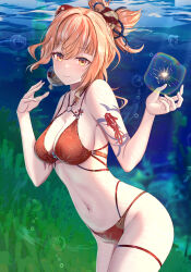 Rule 34 | 1girl, absurdres, arm tattoo, bare arms, bare shoulders, bikini, blonde hair, breasts, commentary, cowboy shot, dealesis, english commentary, genshin impact, hands up, highres, large breasts, looking at viewer, navel, orange bikini, ponytail, short hair, smile, solo, stomach, swimsuit, tattoo, thigh strap, thighs, underwater, yellow eyes, yoimiya (genshin impact)