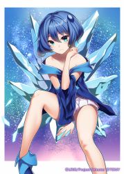 Rule 34 | 10s, 1girl, bare legs, bare shoulders, blue dress, blue eyes, blue hair, collarbone, detached sleeves, dress, ice, layered dress, long sleeves, looking at viewer, matching hair/eyes, official art, piruluk, ray-akila, solo, white dress, wide sleeves, wixoss