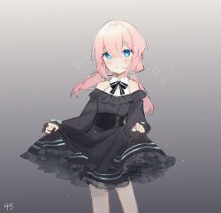 Rule 34 | 1girl, arknights, bare shoulders, black bow, black bowtie, black corset, black dress, blue eyes, blue poison (arknights), blush, bow, bowtie, breasts, closed mouth, collared shirt, commentary, corset, cowboy shot, dress, frilled dress, frills, gradient background, grey background, hair between eyes, light particles, long hair, long sleeves, looking at viewer, low twintails, off-shoulder dress, off shoulder, pink hair, ruri (dailybloopy), shirt, sidelocks, simple background, skirt hold, sleeveless, sleeveless shirt, sleeves past wrists, small breasts, solo, sparkle, striped bow, striped bowtie, striped clothes, twintails, white shirt