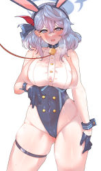 Rule 34 | 1girl, absurdres, ako (blue archive), animal ears, bare shoulders, bell, black gloves, blue archive, blue eyes, blue hair, blush, breasts, collar, covered navel, cowboy shot, fake animal ears, gloves, gluteal fold, hair between eyes, hair ribbon, halo, heavy breathing, highleg, highleg leotard, highres, large breasts, leotard, long hair, looking at viewer, open mouth, playboy bunny, rabbit ears, revision, ribbon, simple background, skindentation, solo, standing, sweat, tears, thick thighs, thigh strap, thighs, wakura (gcdan), white background