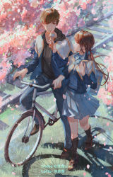 Rule 34 | 1boy, 1girl, absurdres, bai qi (love and producer), bicycle, black socks, blue jacket, blue pants, blue skirt, brown eyes, brown footwear, brown hair, cherry blossoms, food, full body, grin, highres, holding, holding food, ice cream, jacket, kneehighs, long hair, long sleeves, looking at another, love and producer, open clothes, open jacket, open mouth, outdoors, pants, petals, protagonist (love and producer), rabbitcamilla, railroad tracks, riding, riding bicycle, school uniform, shoes, short hair, skirt, smile, socks, teeth, tree, walking