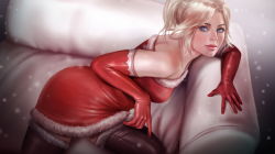 Rule 34 | 1girl, bare shoulders, blonde hair, blue eyes, boots, breasts, brown thighhighs, christmas, couch, dress, elbow gloves, eyelashes, firolian, fur-trimmed boots, fur-trimmed dress, fur trim, gloves, highres, lips, medium breasts, mercy (overwatch), nose, overwatch, overwatch 1, parted lips, pink lips, ponytail, red dress, red gloves, santa costume, short dress, short hair, sitting, snowing, solo, strapless, strapless dress, thigh boots, thighhighs