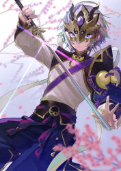 Rule 34 | 1boy, ahoge, armor, branch, chinese armor, chinese clothes, cleavage cutout, closed mouth, clothing cutout, commentary request, fate/grand order, fate (series), flower, hayama eishi, holding, holding sword, holding weapon, horned mask, horns, jewelry, looking at viewer, male focus, mask, masked, ornament, petals, prince of lan ling (fate), purple eyes, short hair, silver hair, solo, standing, sword, weapon