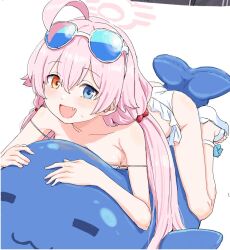 Rule 34 | 1girl, ahoge, ass, bikini, blue archive, blue eyes, blush, breast press, breasts, clearite, collarbone, eyewear on head, fang, frilled bikini, frills, hair between eyes, hair bobbles, hair ornament, halo, heterochromia, hoshino (blue archive), hoshino (swimsuit) (blue archive), inflatable toy, inflatable whale, legs, long hair, looking at viewer, low twintails, lying, official alternate costume, on stomach, open mouth, pink hair, pink halo, sandals, sidelocks, small breasts, smile, solo, strap slip, sunglasses, sweat, swimsuit, thighs, twintails, white background, white bikini, white footwear, yellow eyes
