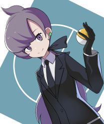 Rule 34 | 1girl, absurdres, anabel (pokemon), ball, black gloves, black jacket, black necktie, closed mouth, collared shirt, commentary request, creatures (company), earpiece, eyelashes, game freak, gloves, hair ribbon, hand up, highres, holding, holding ball, jacket, long hair, long sleeves, looking at viewer, necktie, nintendo, pokemon, pokemon sm, ponytail, purple eyes, purple hair, ribbon, shirt, smile, solo, split mouth, white shirt, ziu