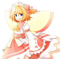 Rule 34 | 1girl, armband, bad id, bad pixiv id, blue eyes, bow, colored shadow, dress, ellipsis (mitei), eyes visible through hair, fairy wings, fang, hair bow, hands in opposite sleeves, headdress, juliet sleeves, layered dress, long sleeves, looking at viewer, obi, open mouth, orange hair, puffy sleeves, sash, shadow, short hair, side ponytail, simple background, solo, sunny milk, touhou, v-shaped eyebrows, white background, wide sleeves, wings