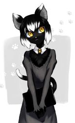 Rule 34 | 1girl, :&lt;, absurdres, animal ears, black hair, body fur, book, cat ears, cat tail, detached collar, dress, female focus, furry, furry female, highres, kitaya, multicolored hair, original, slit pupils, solo, tail, v arms, white hair, yellow eyes