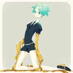 Rule 34 | androgynous, colored eyelashes, gem uniform (houseki no kuni), gender request, gold, golden arms, green eyes, green hair, highres, houseki no kuni, kneeling, looking at viewer, necktie, phosphophyllite, piyo 0426, short hair, shorts, solo, spoilers