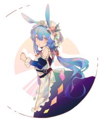 Rule 34 | 1girl, animal ears, apron, belt, black belt, blue dress, blue hair, blue sleeves, blush, commentary, detached sleeves, dress, food, frilled sleeves, frills, from side, fruit, hair between eyes, hat, hinanawi tenshi, kemonomimi mode, long hair, looking at viewer, looking to the side, low ponytail, mob cap, parted lips, peach, peach hat ornament, pfallen, pink eyes, rabbit ears, solo, touhou, very long hair, white apron, white hat