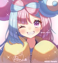Rule 34 | 1girl, blue hair, border, bow-shaped hair, character hair ornament, creatures (company), dated, dot nose, game freak, gen 1 pokemon, glint, glitter, hair ornament, highres, iono (pokemon), jacket, light blue hair, long sleeves, looking at viewer, magnemite, multicolored hair, nintendo, one eye closed, oversized clothes, pink border, pink hair, pokemon, pokemon sv, portrait, purple eyes, rena rin, sharp teeth, signature, sleeves past fingers, sleeves past wrists, solo, split-color hair, teeth, twitter username, two-tone hair, very long sleeves, yellow jacket