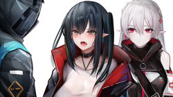 Rule 34 | 1other, 2girls, arknights, bad id, bad pixiv id, bare shoulders, binggong asylum, black choker, black hair, black jacket, blush, braid, choker, closure (arknights), commentary request, cross hair ornament, crown braid, doctor (arknights), fang, hair between eyes, hair ornament, highres, jacket, long hair, multiple girls, open clothes, open jacket, open mouth, orange eyes, pointy ears, red eyes, shirt, silver hair, simple background, skin fang, tears, upper body, warfarin (arknights), white background, white shirt