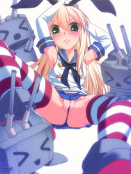Rule 34 | &gt; &lt;, 10s, 1girl, armpits, arms up, bad id, blonde hair, blush, closed eyes, detached sleeves, elbow gloves, frown, gloves, green eyes, hair ribbon, kantai collection, long hair, personification, pussy, rensouhou-chan, ribbon, sailor collar, shimakaze (kancolle), simple background, skirt, spread legs, striped clothes, striped thighhighs, thighhighs, thong, uncensored