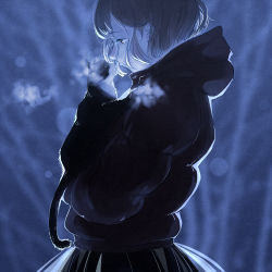 Rule 34 | 1girl, ajimita, animal, blue theme, breath, cat, closed mouth, eyelashes, from side, grey hair, hair between eyes, holding, holding animal, hood, hood down, hooded jacket, jacket, long sleeves, looking at another, monochrome, original, outdoors, profile, short hair, solo, upper body