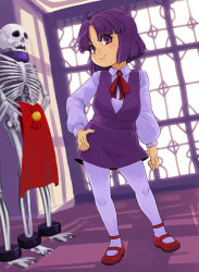 Rule 34 | 1girl, :3, alice (asura blade), asura blade, blush, bone, cape, unworn cape, cuffs, dress, female focus, hand on own hip, indoors, pantyhose, parted bangs, purple dress, purple eyes, purple hair, red cape, red footwear, red neckwear, shackles, shoes, skeleton, skull, solo, standing, stupa13a, white pantyhose