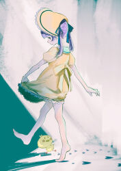 Rule 34 | 1girl, abstract background, back ribbon, barefoot, bird, black eyes, black ribbon, bonnet, chick, closed mouth, collared dress, commentary request, dress, footprints, from behind, full body, hair ribbon, hat, highres, long hair, looking down, mochi hiyoko, mochipro, profile, puffy short sleeves, puffy sleeves, purple hair, ribbon, shadow, short sleeves, skirt hold, solo, tamo (gaikogaigaiko), tiptoes, twintails, virtual youtuber, walking, white background, yellow dress, yellow hat, yellow ribbon
