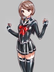 Rule 34 | 1girl, breasts, brown eyes, brown hair, fumi11gou, grey background, latex, light smile, long sleeves, original, ribbon, school uniform, serafuku, shiny clothes, simple background, skin tight, skindentation, skirt, small breasts, smile, solo, thighhighs, zettai ryouiki