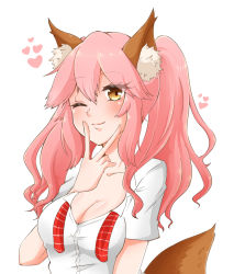 Rule 34 | 10s, 1girl, ;), animal ear fluff, animal ears, blush, breasts, cleavage, collarbone, fate/extella, fate/extra, fate/grand order, fate (series), fox ears, fox tail, heart, large breasts, long hair, looking at viewer, moti mosa21, official alternate costume, one eye closed, pink hair, school uniform, shirt, simple background, smile, solo, tail, tamamo (fate), tamamo no mae (jk) (fate), twintails, unbuttoned, white background, yellow eyes