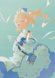 Rule 34 | 1girl, barbara (genshin impact), bird, blonde hair, blue headwear, blue skirt, blue sky, blush, book, closed eyes, commentary request, detached sleeves, dress, genshin impact, hands on own chest, highres, light particles, long hair, long sleeves, open mouth, potg (piotegu), skirt, sky, solo, twintails, white bird, white dress, white sleeves