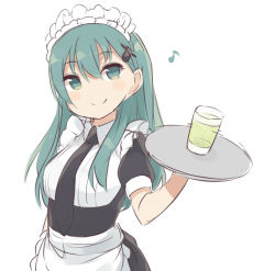 Rule 34 | 10s, 1girl, alternate costume, apron, aqua eyes, aqua hair, bad id, bad pixiv id, black necktie, blush stickers, cup, drinking glass, enmaided, hair ornament, hairclip, holding, kantai collection, long hair, looking at viewer, maid, maid apron, maid headdress, musical note, necktie, quaver, short sleeves, simple background, smile, solo, standing, suzuya (kancolle), totoki86, tray, white background