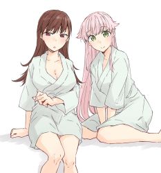 Rule 34 | 2girls, :&gt;, :o, blush, breasts, brown eyes, brown hair, cleavage, commentary request, green eyes, hair flaps, kantai collection, large breasts, long hair, multiple girls, naked robe, ooi (kancolle), open mouth, pink hair, rindou (rindou annon), robe, sidelocks, simple background, sitting, smile, white background, yura (kancolle)