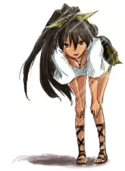 Rule 34 | 1girl, bent over, black hair, clearite, ganaha hibiki, gladiator sandals, green eyes, idolmaster, idolmaster (classic), long hair, looking at viewer, sandals, simple background, smile, solo, very long hair, white background