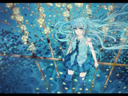 Rule 34 | 1girl, aqua eyes, aqua hair, flower, from above, hatsune miku, letterboxed, long hair, necktie, petals, ranpak, rose, skirt, smile, solo, thighhighs, twintails, very long hair, vocaloid, water, yellow flower, yellow rose, zettai ryouiki