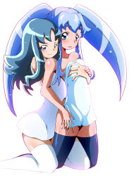 Rule 34 | 10s, 2girls, :o, bad id, bad pixiv id, bare shoulders, blue eyes, blue hair, blue thighhighs, blush, color connection, crossover, cure princess, eyelashes, fate02, grabbing, grabbing another&#039;s breast, grabbing from behind, happinesscharge precure!, heartcatch precure!, henshin, highres, kneeling, kurumi erika, long hair, looking at viewer, looking back, magical girl, multiple girls, open mouth, precure, shichuu katsu, shirayuki hime, simple background, smile, thighhighs, thighs, trait connection, transformation, twintails, white background, white legwear, yuri, zettai ryouiki