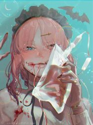Rule 34 | 1girl, absurdres, blood, blood bag, blood on face, blue background, blue eyes, chromatic aberration, drinking blood, female focus, glasgow smile, hair ornament, hairclip, highres, looking at viewer, maid headdress, nanase miri, original, pink hair, simple background, solo, stitches
