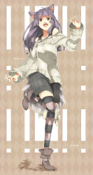 Rule 34 | 1girl, bad id, bad pixiv id, bare shoulders, boots, female focus, full body, highres, long hair, long sleeves, multicolored clothes, multicolored legwear, oomsz, pants, patterned legwear, purple hair, running, shorts, smile, solo, sweater, tail, thighhighs, two-tone stripes, yellow eyes
